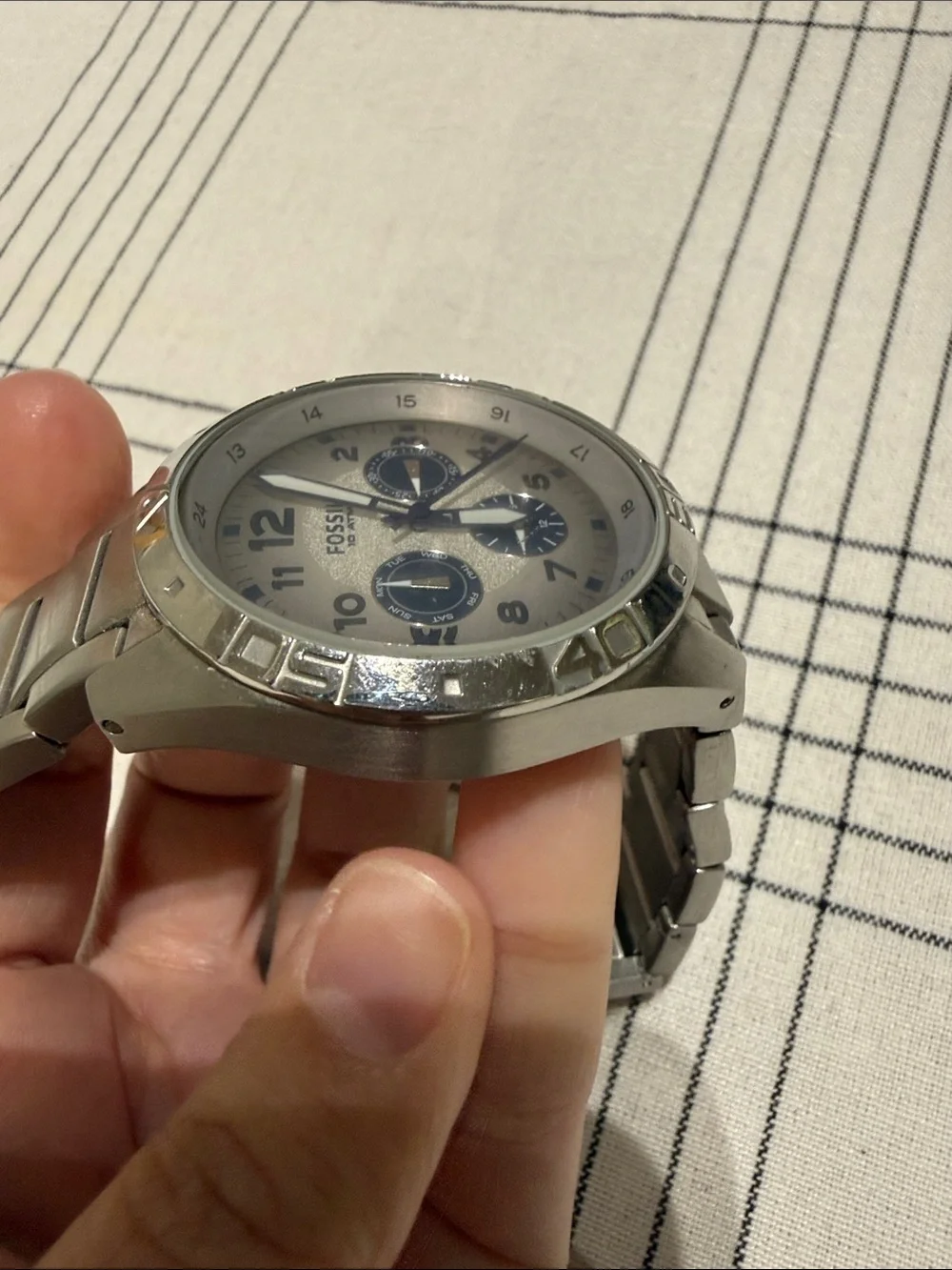 Fossil Silver Watch with White Dial and Blue Subdials